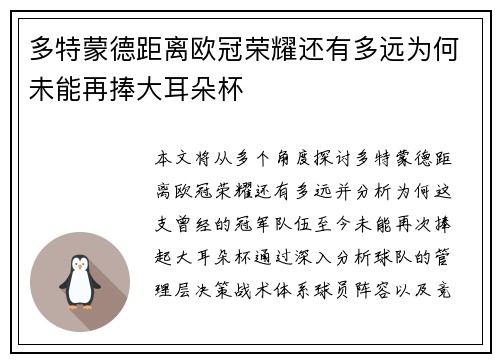 多特蒙德距离欧冠荣耀还有多远为何未能再捧大耳朵杯
